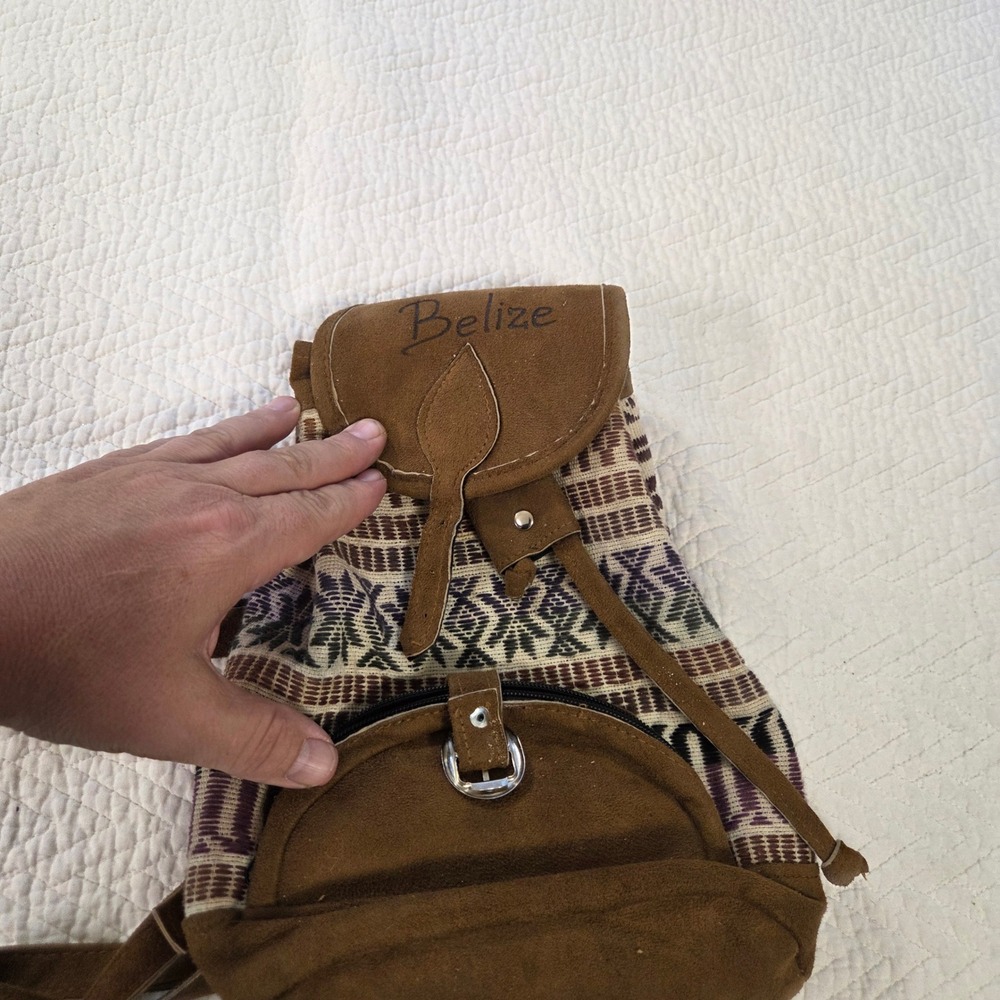 Belize Souvenir Mini Backpack Boho Suede Woven Geometric Sling Bag Brown Multi